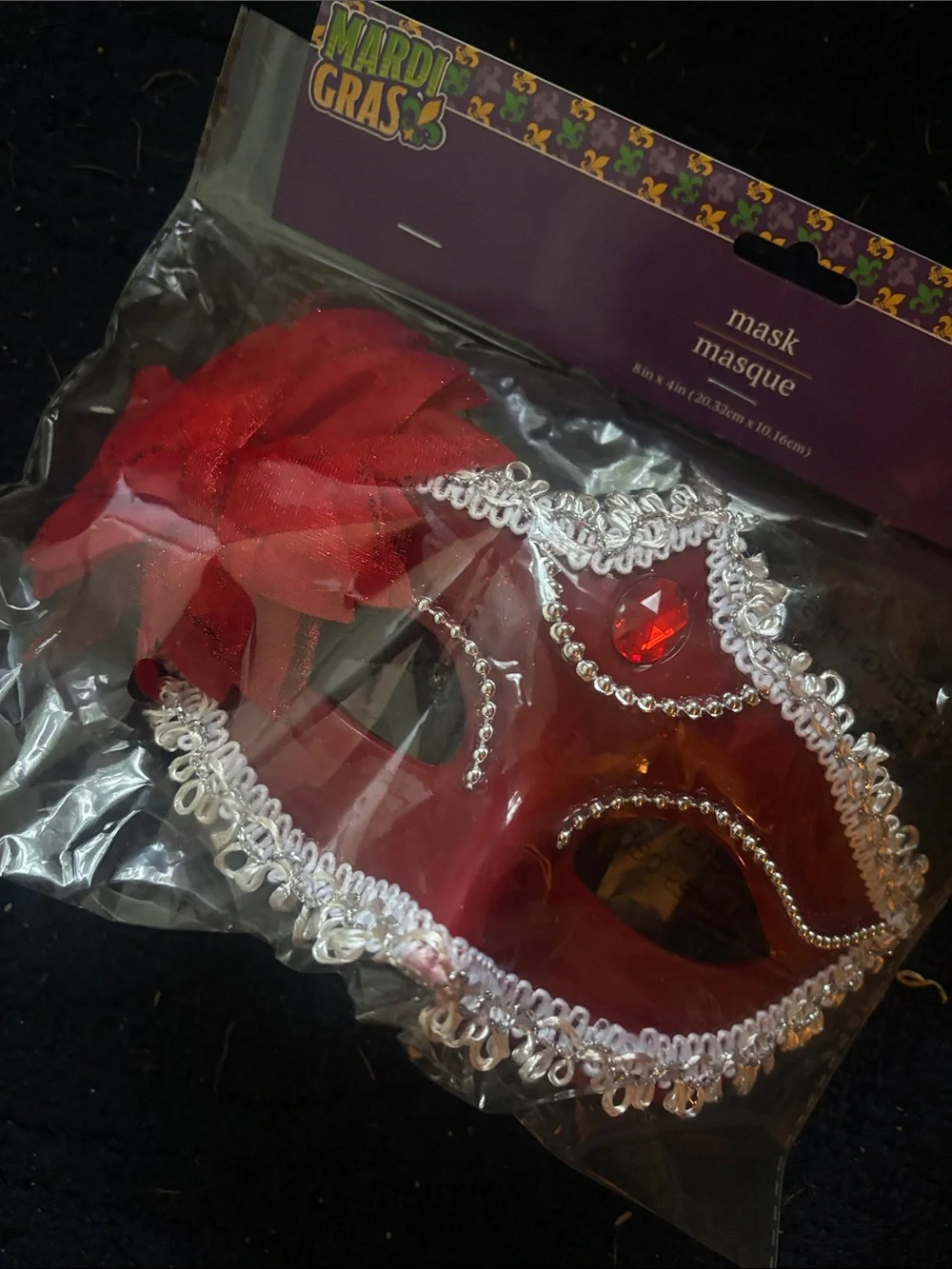 Red Mardi Gras Masquerade Mask with Flower Accent